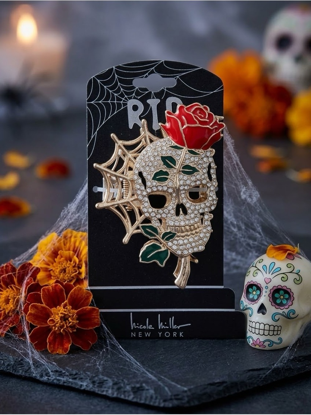 Nicole Miller' Red Rose & Crystal Skull hair clip